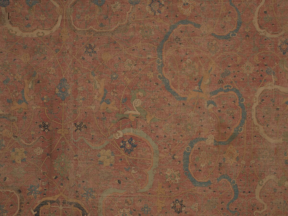 Carpet, Cotton (warp and weft), wool (pile); asymmetrically knotted pile 