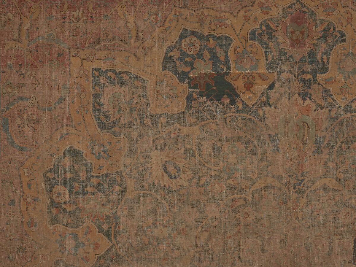 Carpet, Cotton (warp and weft), wool (pile); asymmetrically knotted pile 