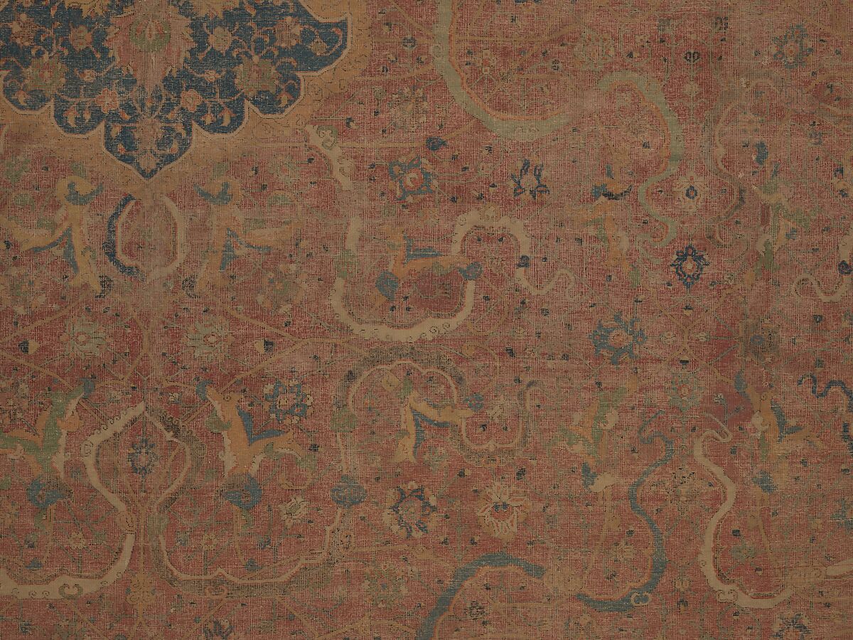 Carpet, Cotton (warp and weft), wool (pile); asymmetrically knotted pile 