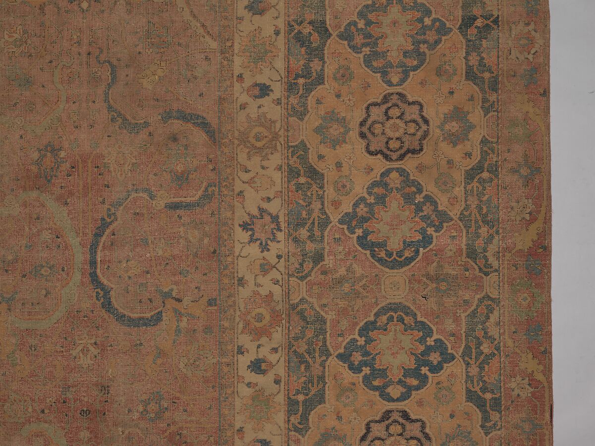 Carpet, Cotton (warp and weft), wool (pile); asymmetrically knotted pile 