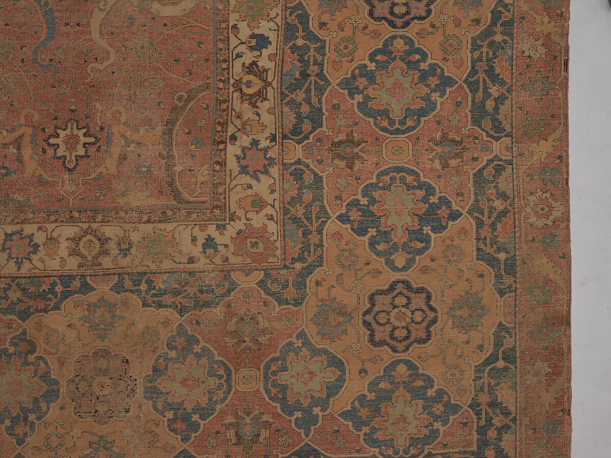 Carpet, Cotton (warp and weft), wool (pile); asymmetrically knotted pile 