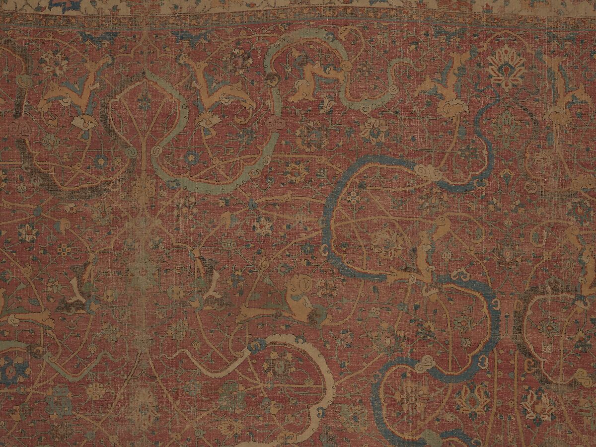 Carpet, Cotton (warp and weft), wool (pile); asymmetrically knotted pile 