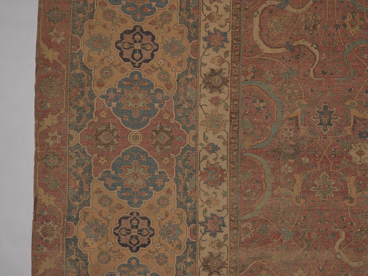 Carpet, Cotton (warp and weft), wool (pile); asymmetrically knotted pile 