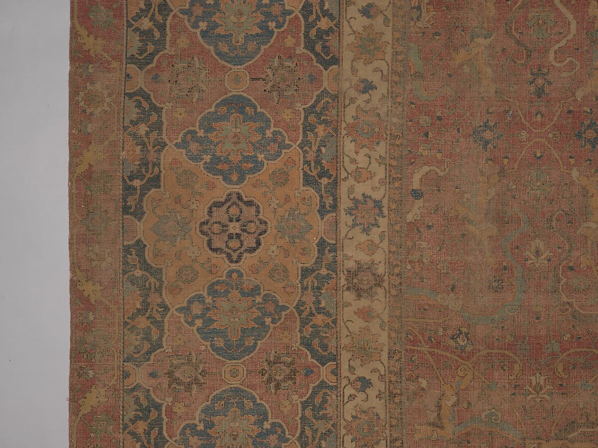 Carpet, Cotton (warp and weft), wool (pile); asymmetrically knotted pile 
