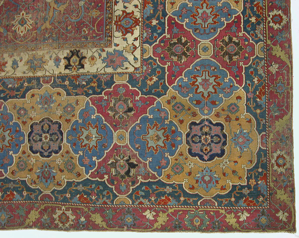 Carpet, Cotton (warp and weft), wool (pile); asymmetrically knotted pile 