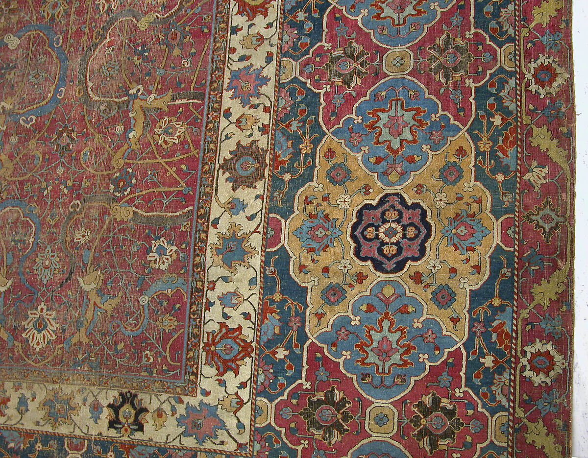 Carpet, Cotton (warp and weft), wool (pile); asymmetrically knotted pile 
