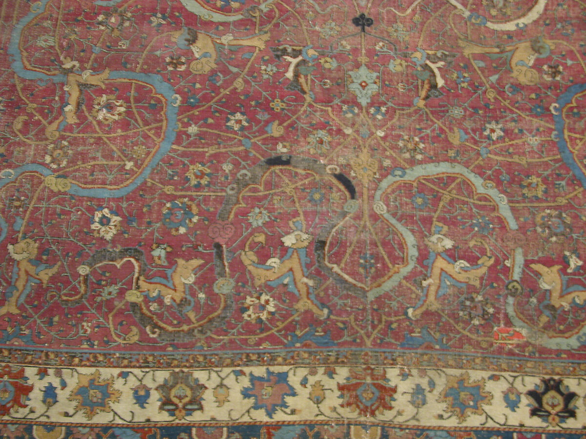 Carpet, Cotton (warp and weft), wool (pile); asymmetrically knotted pile 