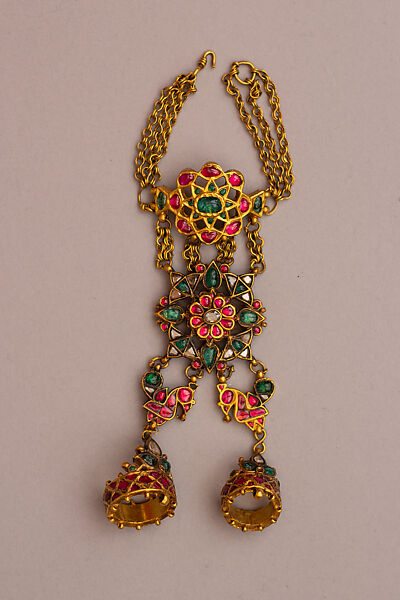 Hand Ornament with Finger Loops and Bracelet (Hathphul), Gold; inset with rubies, emeralds and colorless sapphires 