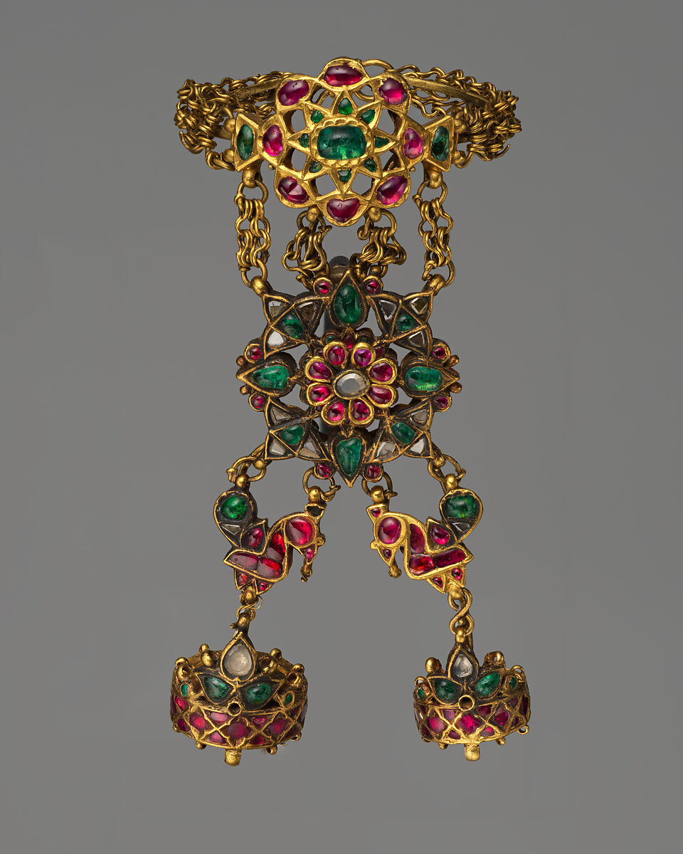 Hand Ornament with Finger Loops and Bracelet (Hathphul), Gold; inset with rubies, emeralds, and colorless sapphires