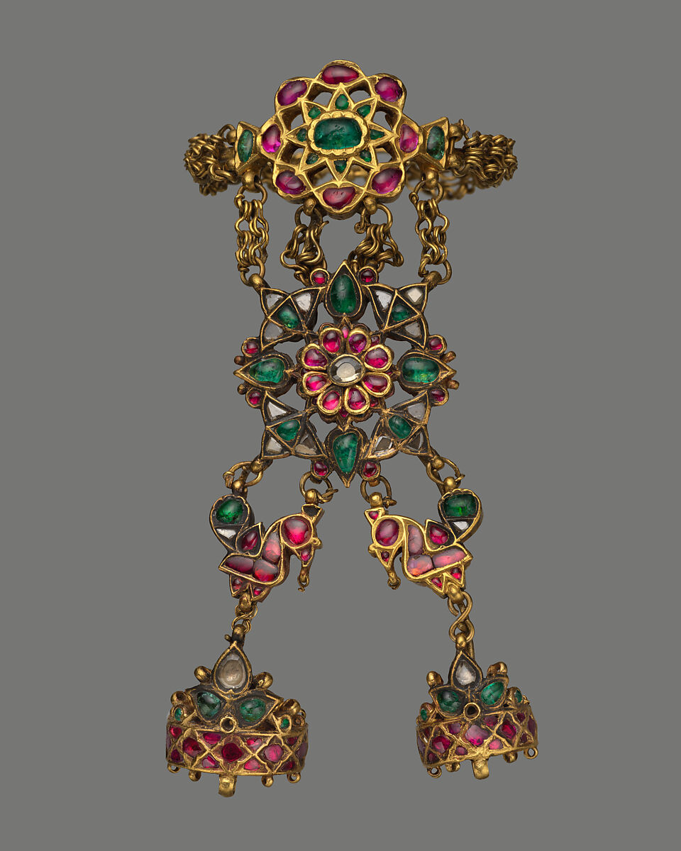 Hand Ornament with Finger Loops and Bracelet (Hathphul), Gold; inset with rubies, emeralds, and colorless sapphires