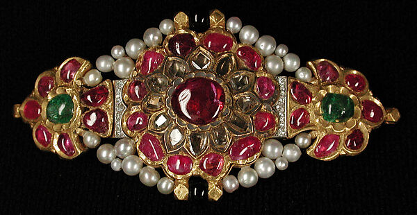 Centerpiece of an Armband, Cartier (French, founded Paris, 1847), Gold, inset with rubies, emeralds, and colorless sapphires; with later pearls, diamonds, onyx
