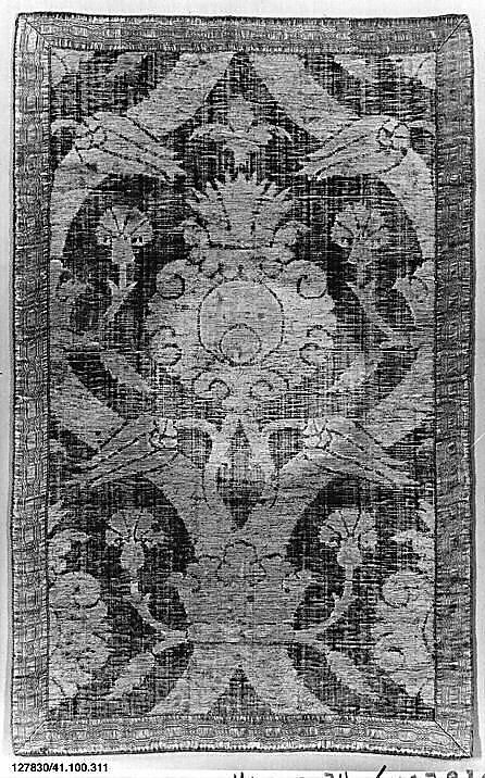 Panel, Cut and voided silk velvet and wrapped metal thread; brocaded in silver and silver-gilt wrapped thread 