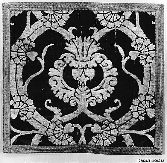 Panel, Cut and voided silk velvet and metal wrapped thread; brocaded in silver and silver-gilt wrapped thread 