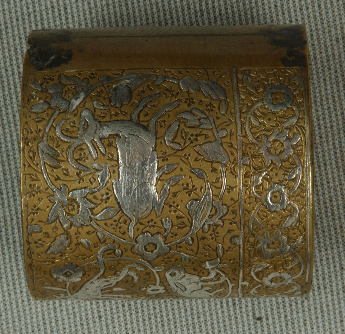 Inkwell with Floral and Animal Imagery, Brass; lid cast, body worked, engraved, and chased, inlaid with silver