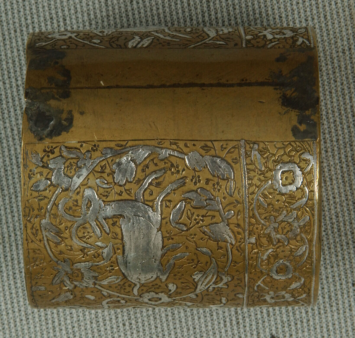 Inkwell with Floral and Animal Imagery, Brass; lid cast, body worked, engraved, and chased, inlaid with silver
