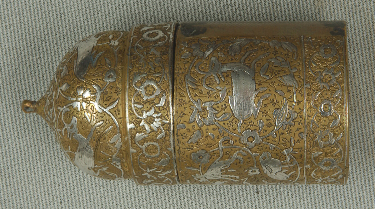 Inkwell with Floral and Animal Imagery, Brass; lid cast, body worked, engraved, and chased, inlaid with silver