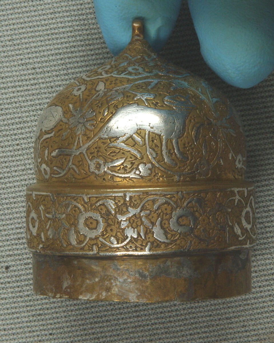 Inkwell with Floral and Animal Imagery, Brass; lid cast, body worked, engraved, and chased, inlaid with silver