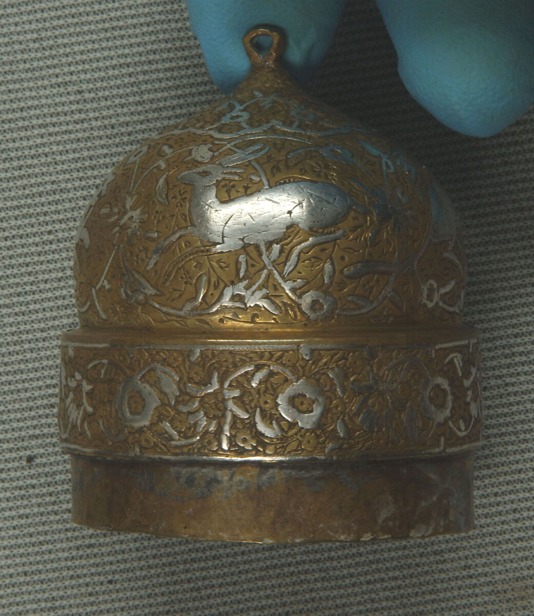 Inkwell with Floral and Animal Imagery, Brass; lid cast, body worked, engraved, and chased, inlaid with silver