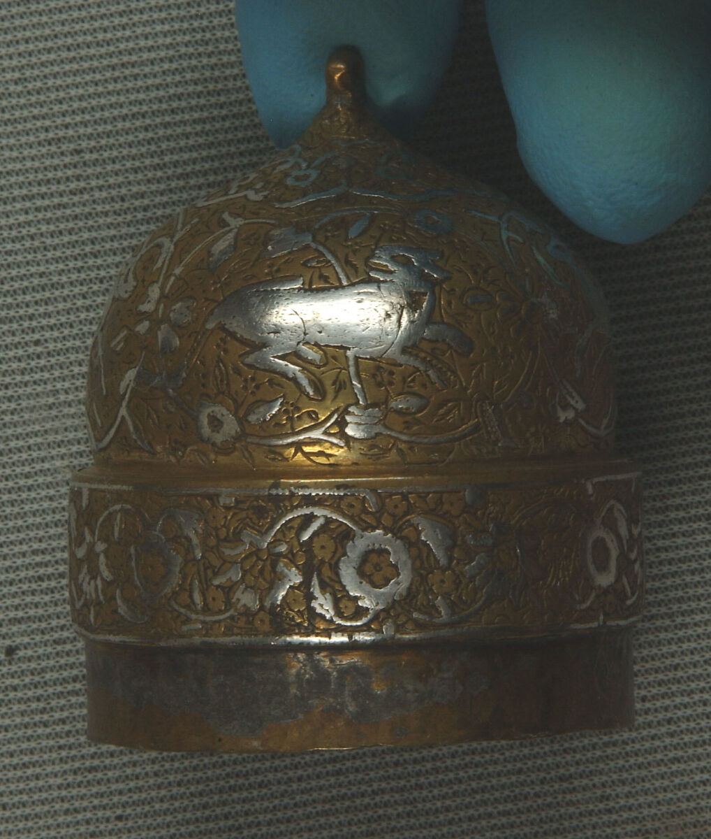 Inkwell with Floral and Animal Imagery, Brass; lid cast, body worked, engraved, and chased, inlaid with silver