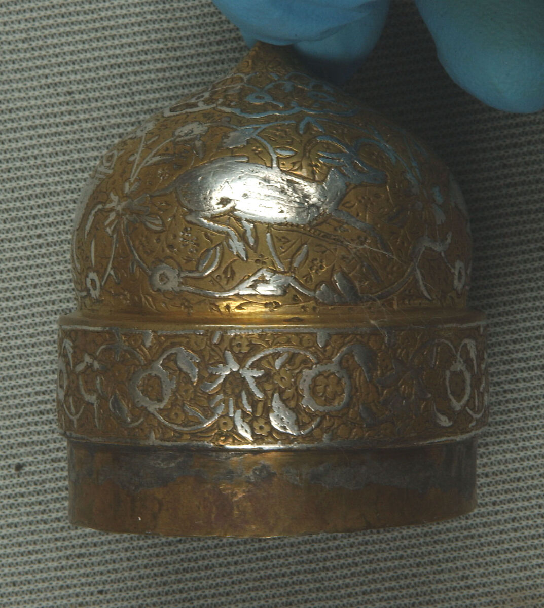 Inkwell with Floral and Animal Imagery, Brass; lid cast, body worked, engraved, and chased, inlaid with silver