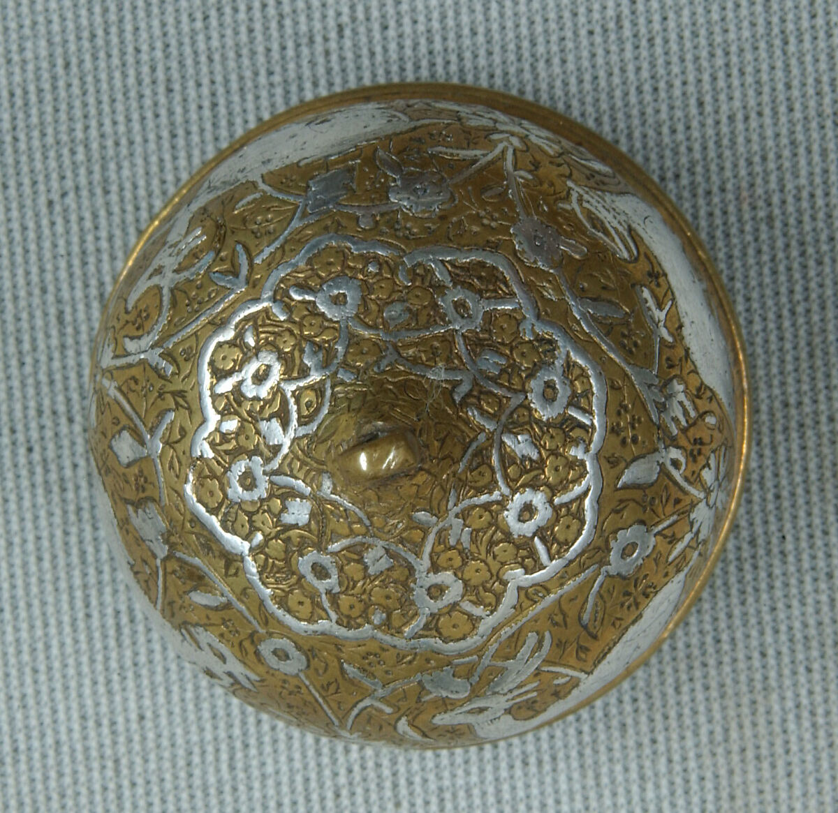 Inkwell with Floral and Animal Imagery, Brass; lid cast, body worked, engraved, and chased, inlaid with silver