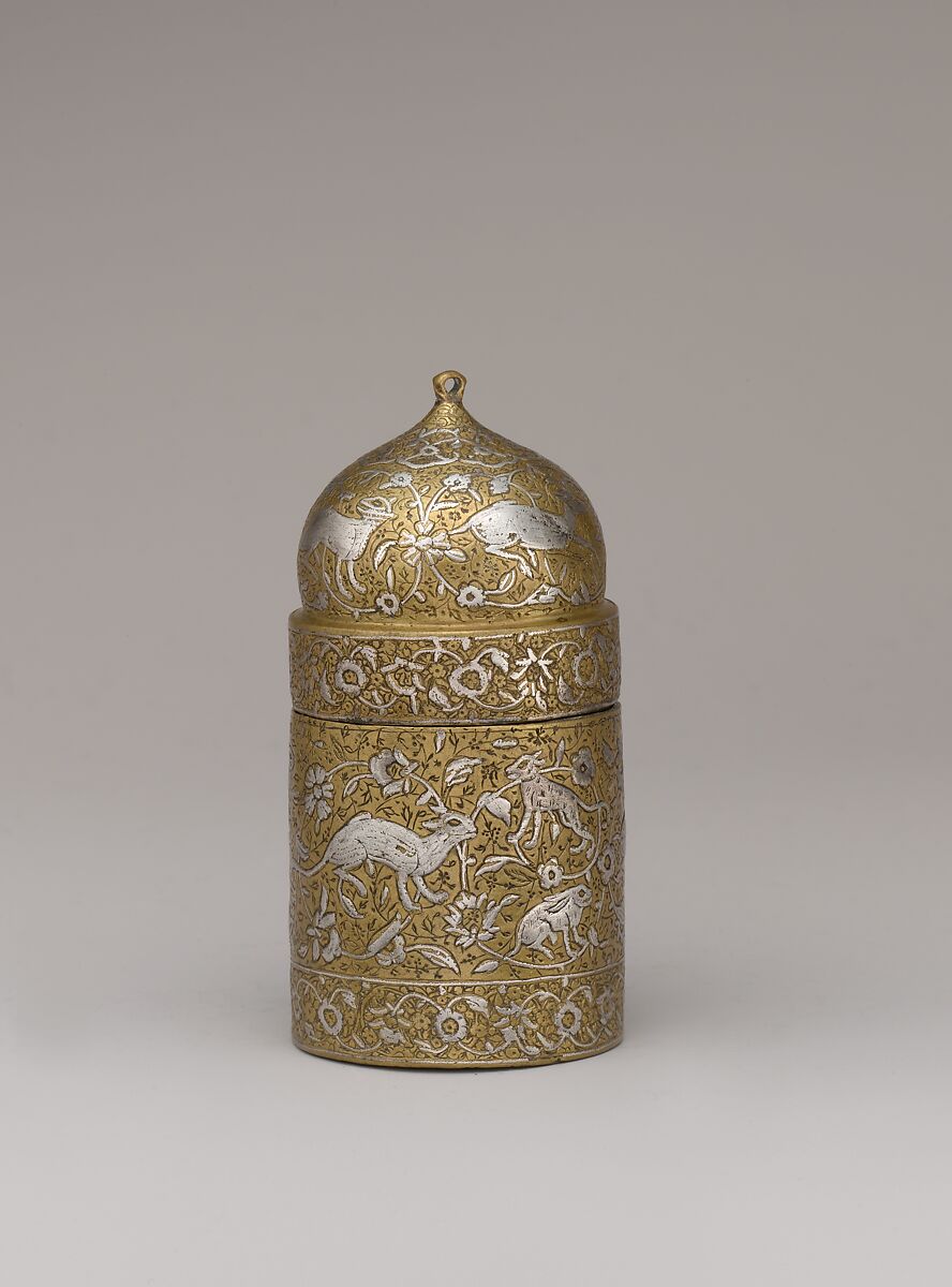 Inkwell with Floral and Animal Imagery, Brass; lid cast, body worked, engraved, and chased, inlaid with silver 