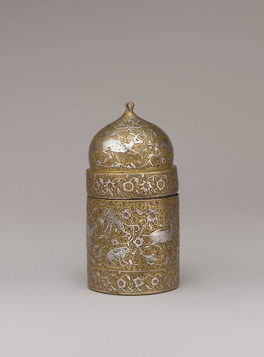 Inkwell with Floral and Animal Imagery, Brass; lid cast, body worked, engraved, and chased, inlaid with silver