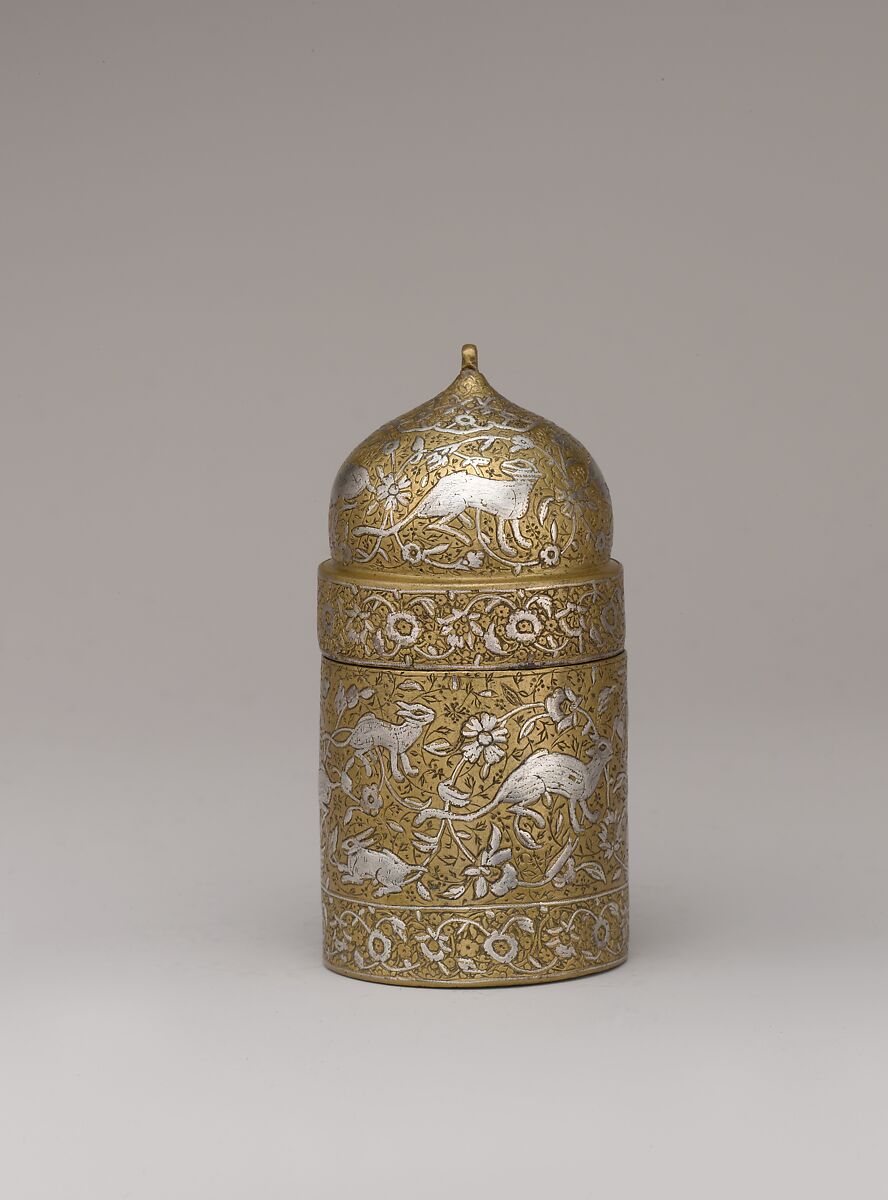 Inkwell with Floral and Animal Imagery, Brass; lid cast, body worked, engraved, and chased, inlaid with silver