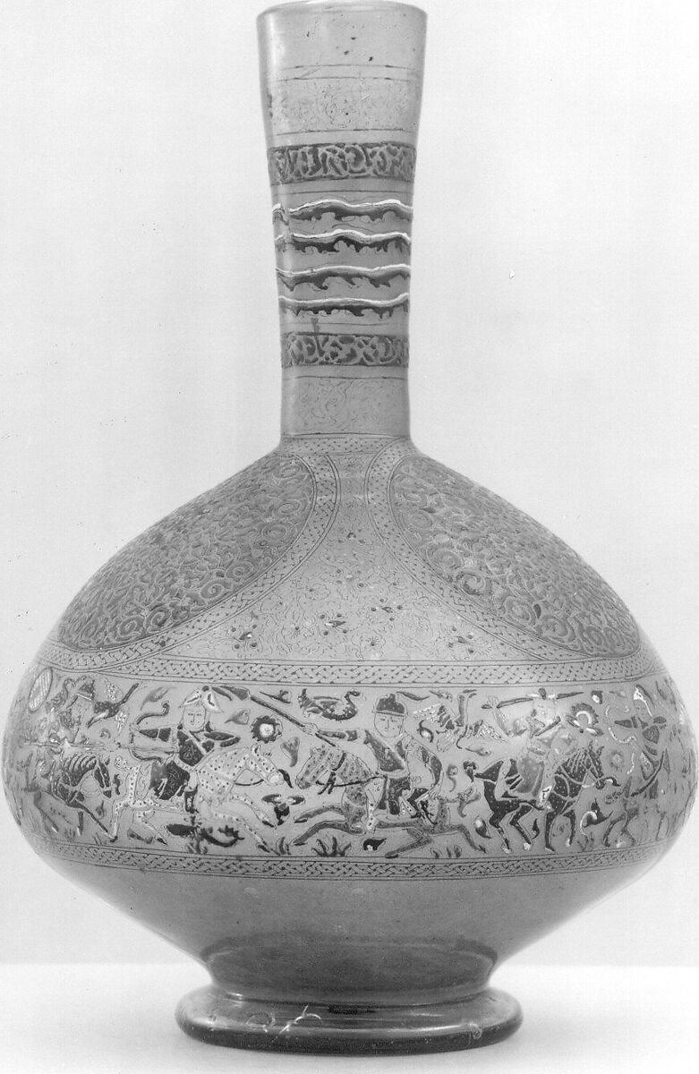 Enameled and Gilded Bottle, Glass, greenish; blown, folded foot; enameled and gilded