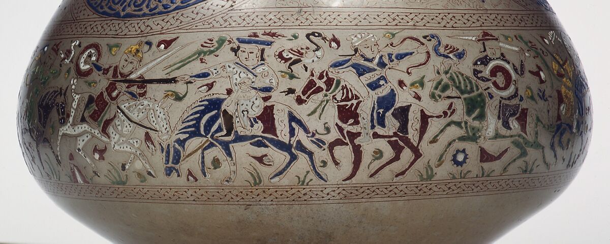 Enameled and Gilded Bottle, Glass, greenish; blown, folded foot; enameled and gilded