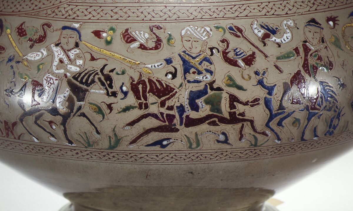 Enameled and Gilded Bottle, Glass, greenish; blown, folded foot; enameled and gilded