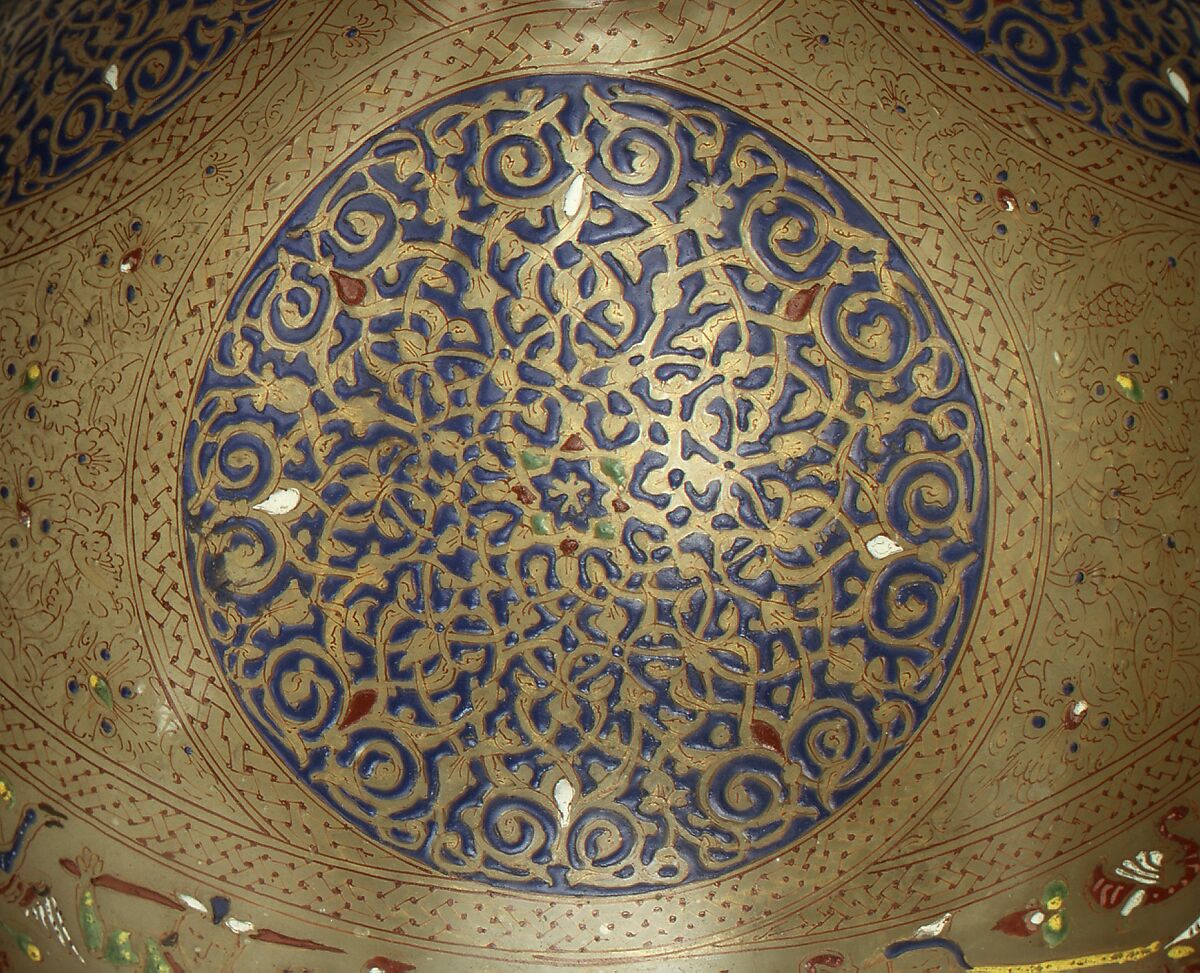 Enameled and Gilded Bottle, Glass, greenish; blown, folded foot; enameled and gilded