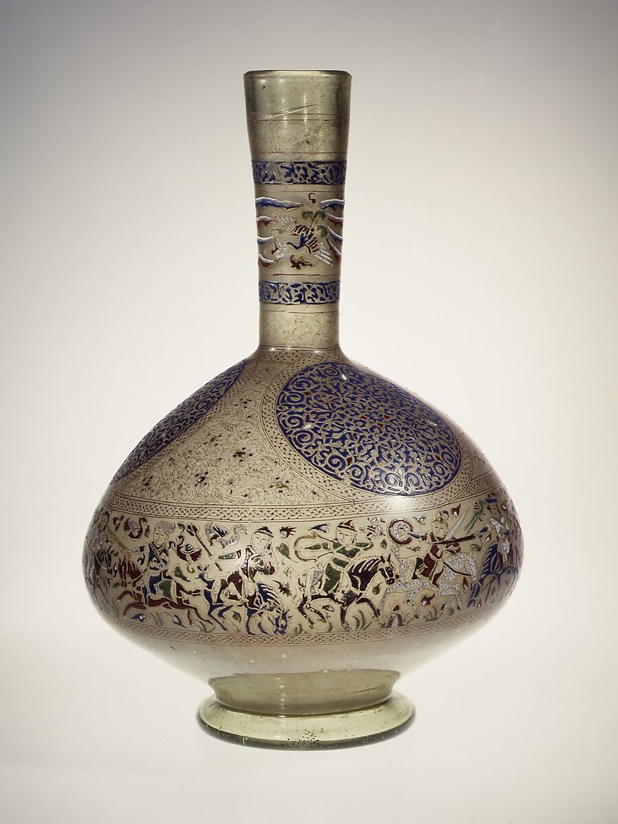 Enameled and Gilded Bottle, Glass, greenish; blown, folded foot; enameled and gilded