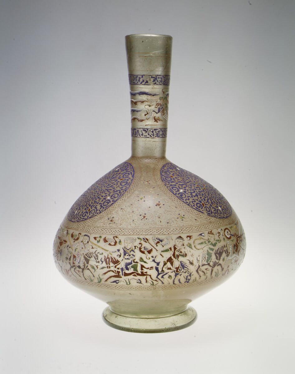 Enameled and Gilded Bottle, Glass, greenish; blown, folded foot; enameled and gilded