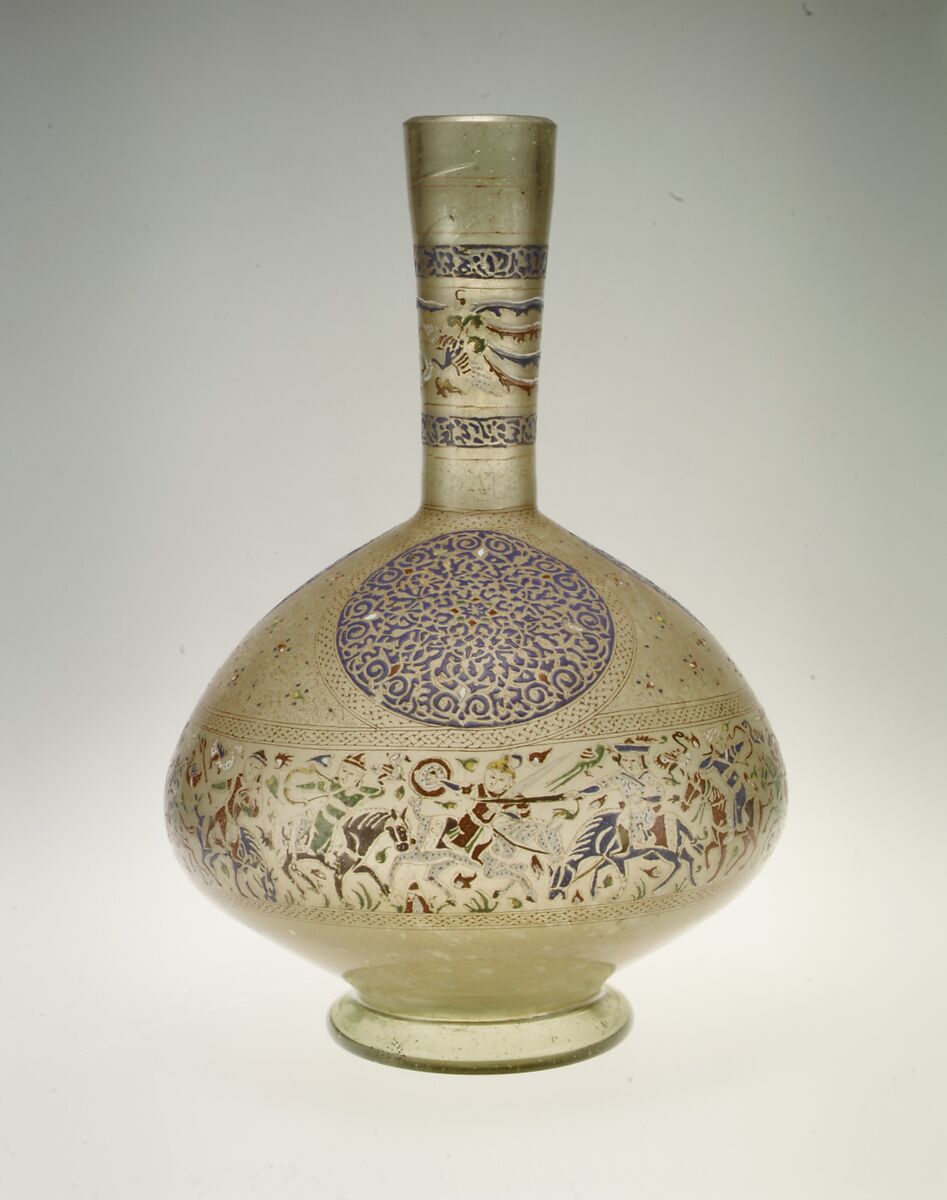 Enameled and Gilded Bottle, Glass, greenish; blown, folded foot; enameled and gilded