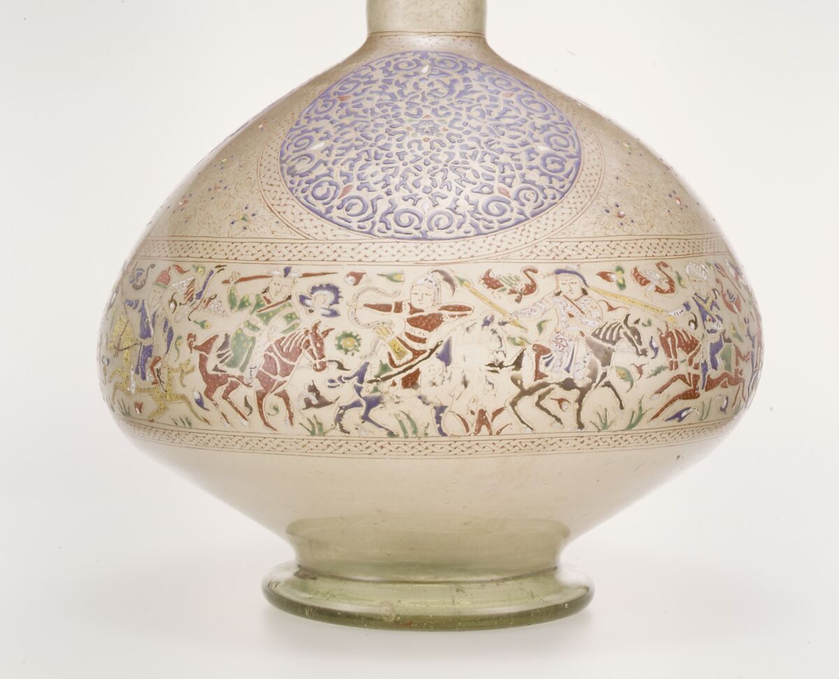 Enameled and Gilded Bottle, Glass, greenish; blown, folded foot; enameled and gilded