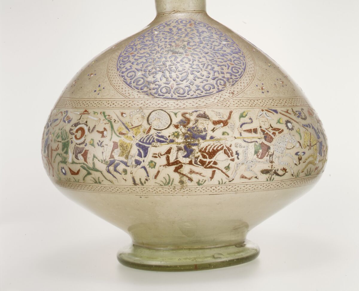 Enameled and Gilded Bottle, Glass, greenish; blown, folded foot; enameled and gilded