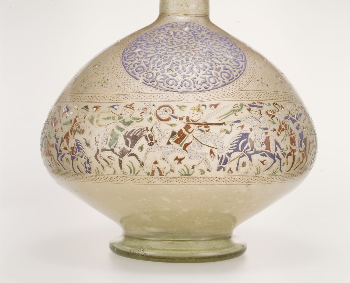 Enameled and Gilded Bottle, Glass, greenish; blown, folded foot; enameled and gilded