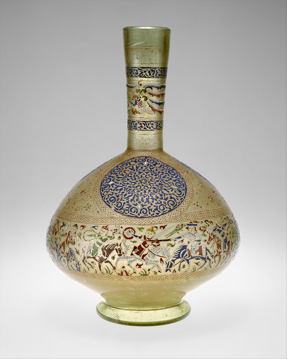 Enameled and Gilded Bottle, Glass, greenish; blown, folded foot; enameled and gilded