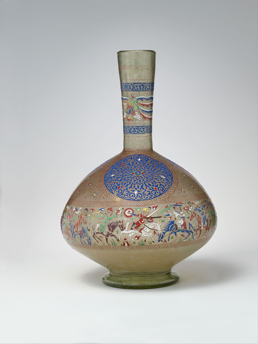 Enameled and Gilded Bottle, Glass, greenish; blown, folded foot; enameled and gilded 