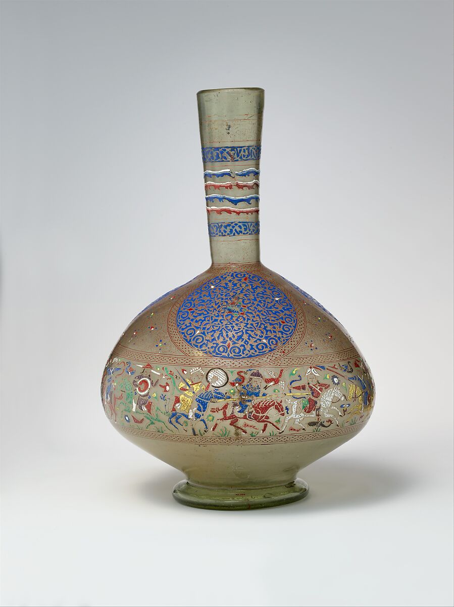 Enameled and Gilded Bottle, Glass, greenish; blown, folded foot; enameled and gilded