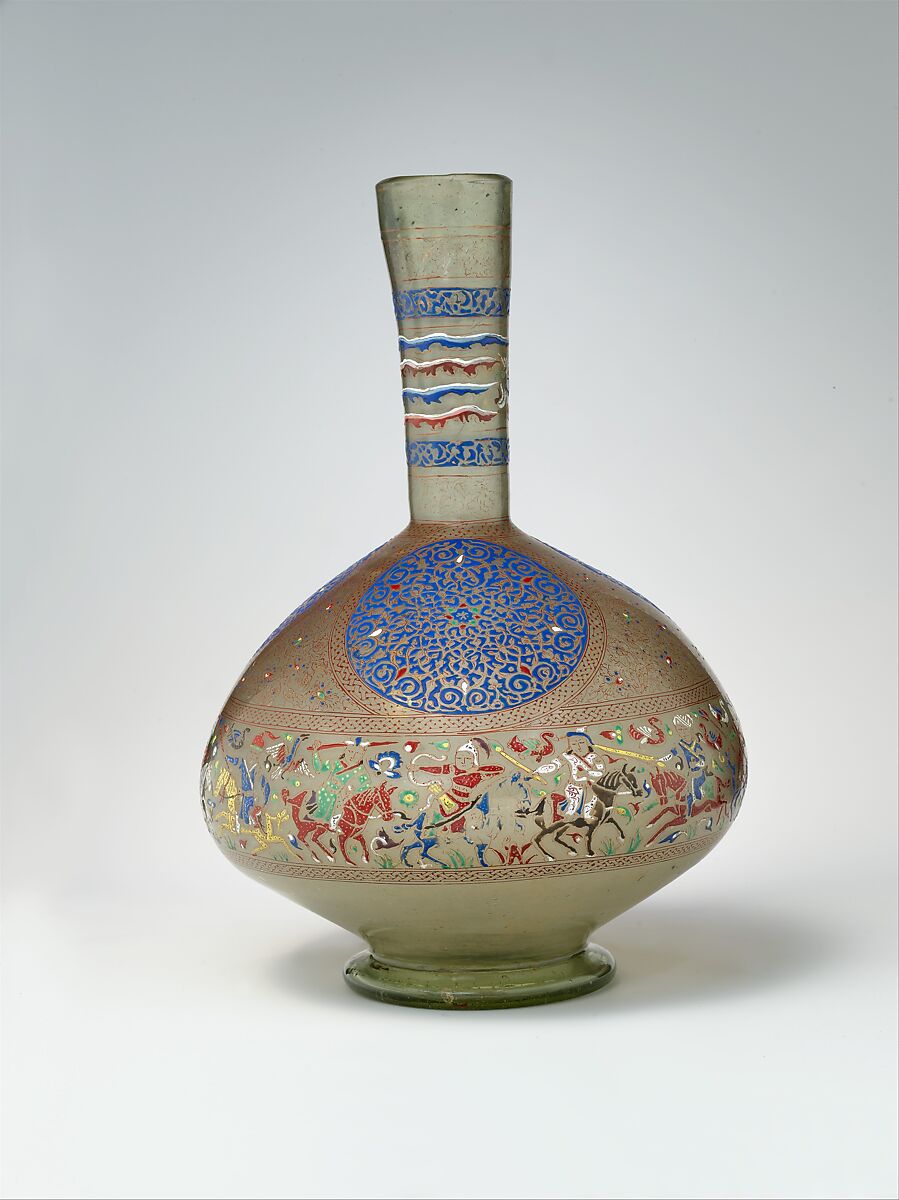 Enameled and Gilded Bottle, Glass, greenish; blown, folded foot; enameled and gilded