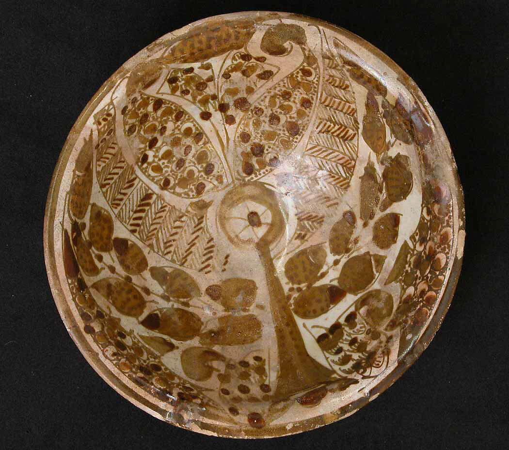 Three-color Luster Bowl with Stylized Tree, Earthenware; polychrome luster-painted on opaque white glaze