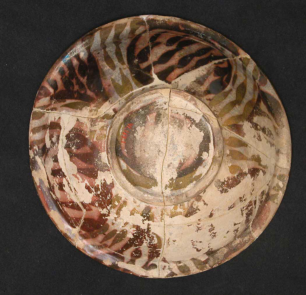Three-color Luster Bowl with Stylized Tree, Earthenware; polychrome luster-painted on opaque white glaze