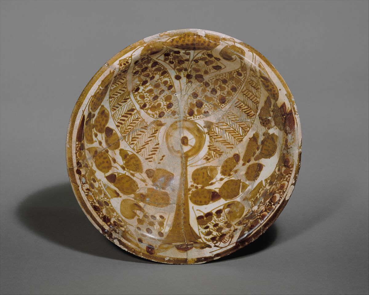 Three-color Luster Bowl with Stylized Tree
, Earthenware; polychrome luster-painted on opaque white glaze