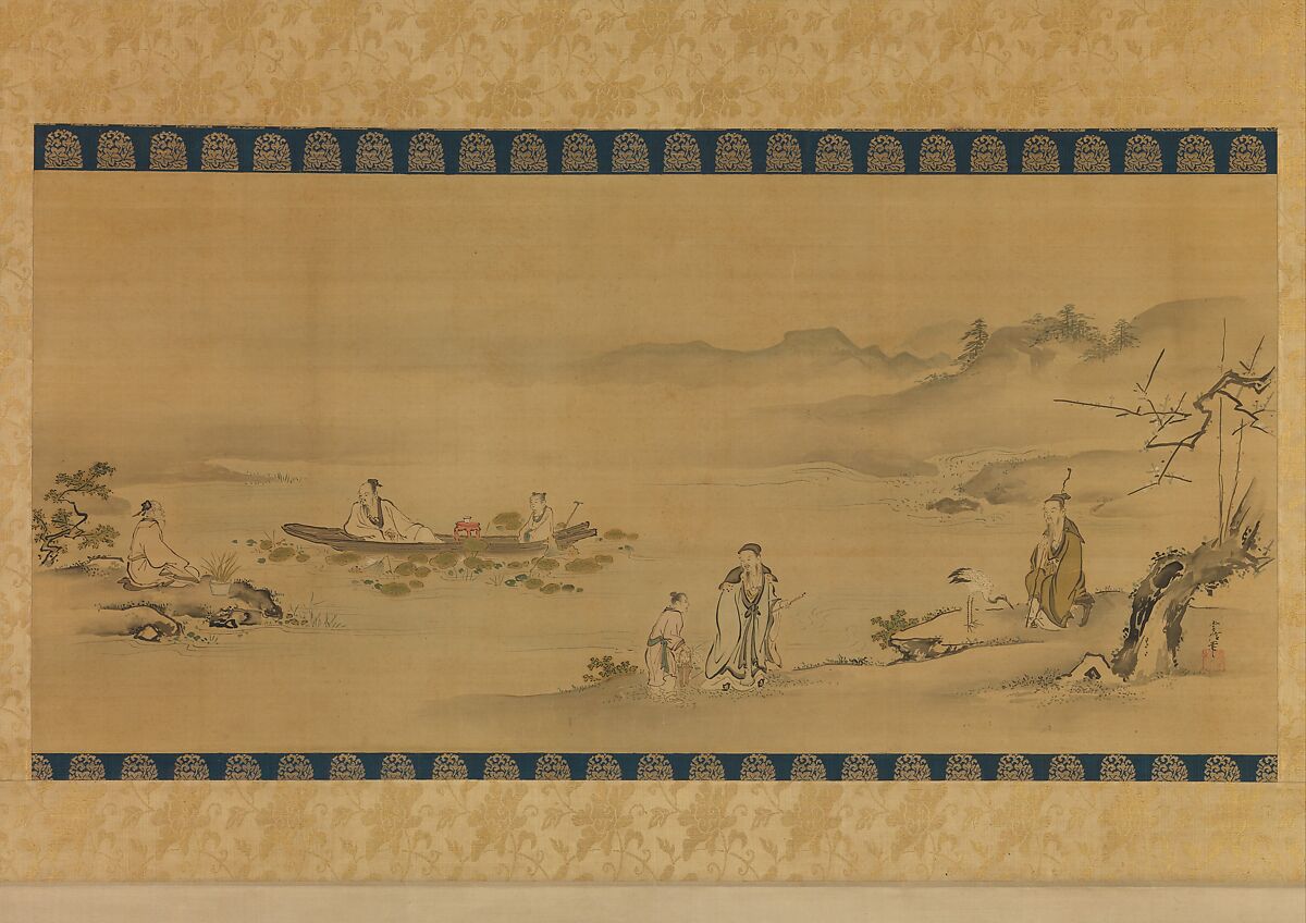 Four Admirers, Kano Tsunenobu (Japanese, 1636–1713), Hanging scroll; ink and color on silk, Japan 