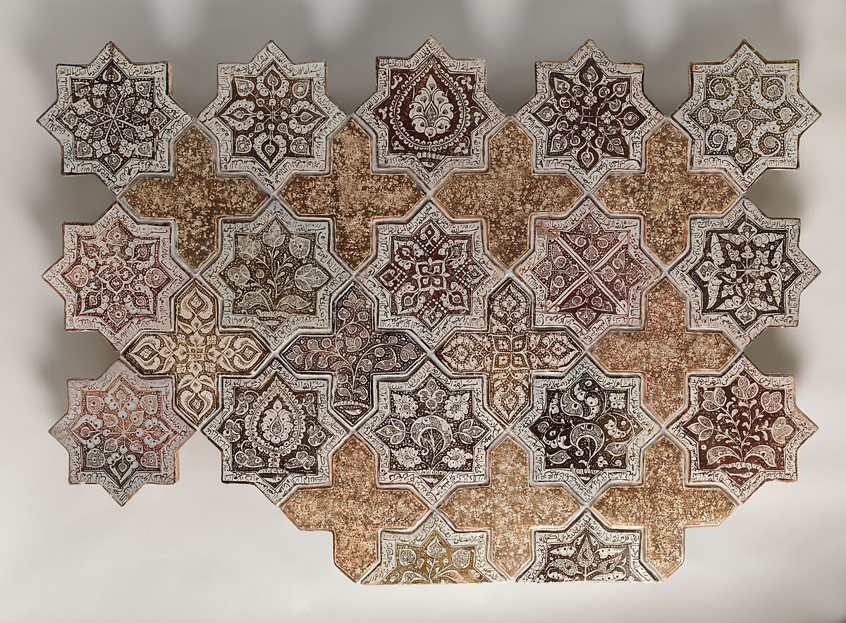 Panel Composed with Tiles in Shape of Eight-pointed Stars and Crosses, Stonepaste; luster-painted on opaque white glaze under transparent glaze 
