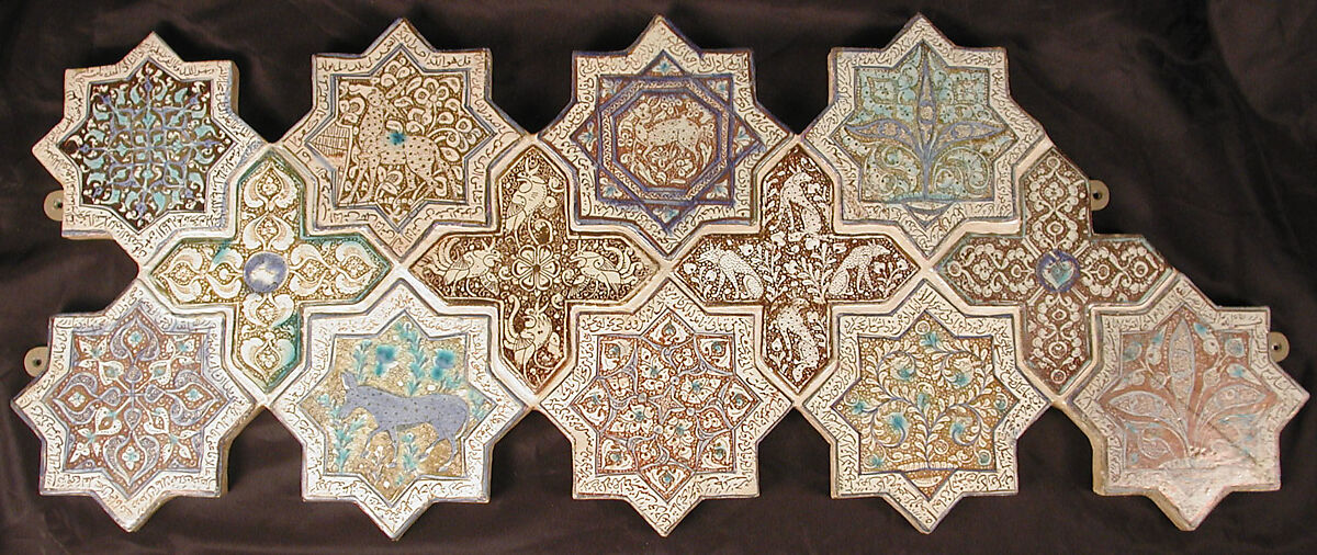 Star-Shaped Tile, Stonepaste; inglaze painted in blue and turquoise and luster-painted on opaque white glaze