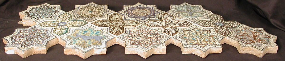 Star-Shaped Tile, Stonepaste; inglaze painted in blue and turquoise and luster-painted on opaque white glaze