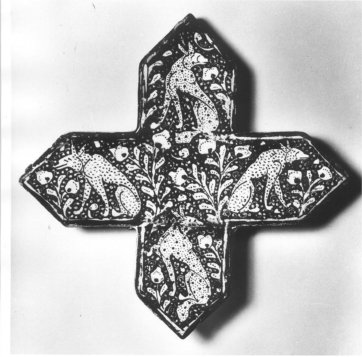 Cross-Shaped Tile, Stonepaste; inglaze painted in blue and turquoise and luster-painted on opaque white glaze